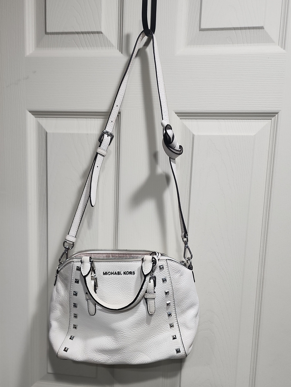 Michael Kors White Pebbled Leather Crossbody Satchel with Stud Accents